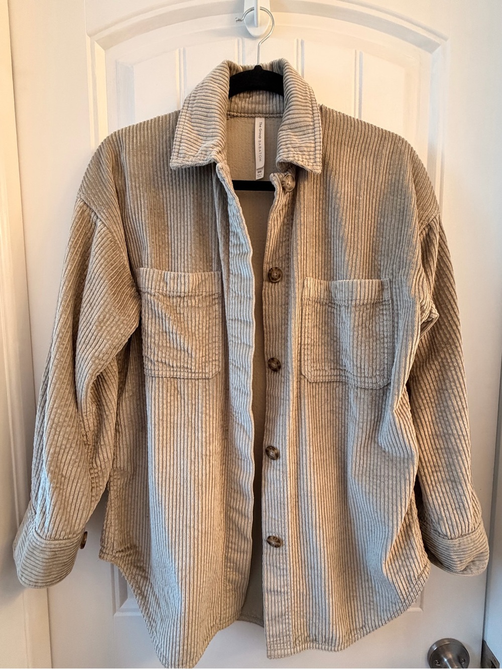 Corduroy Button-Up Shirt Jacket in Beige/Taupe
